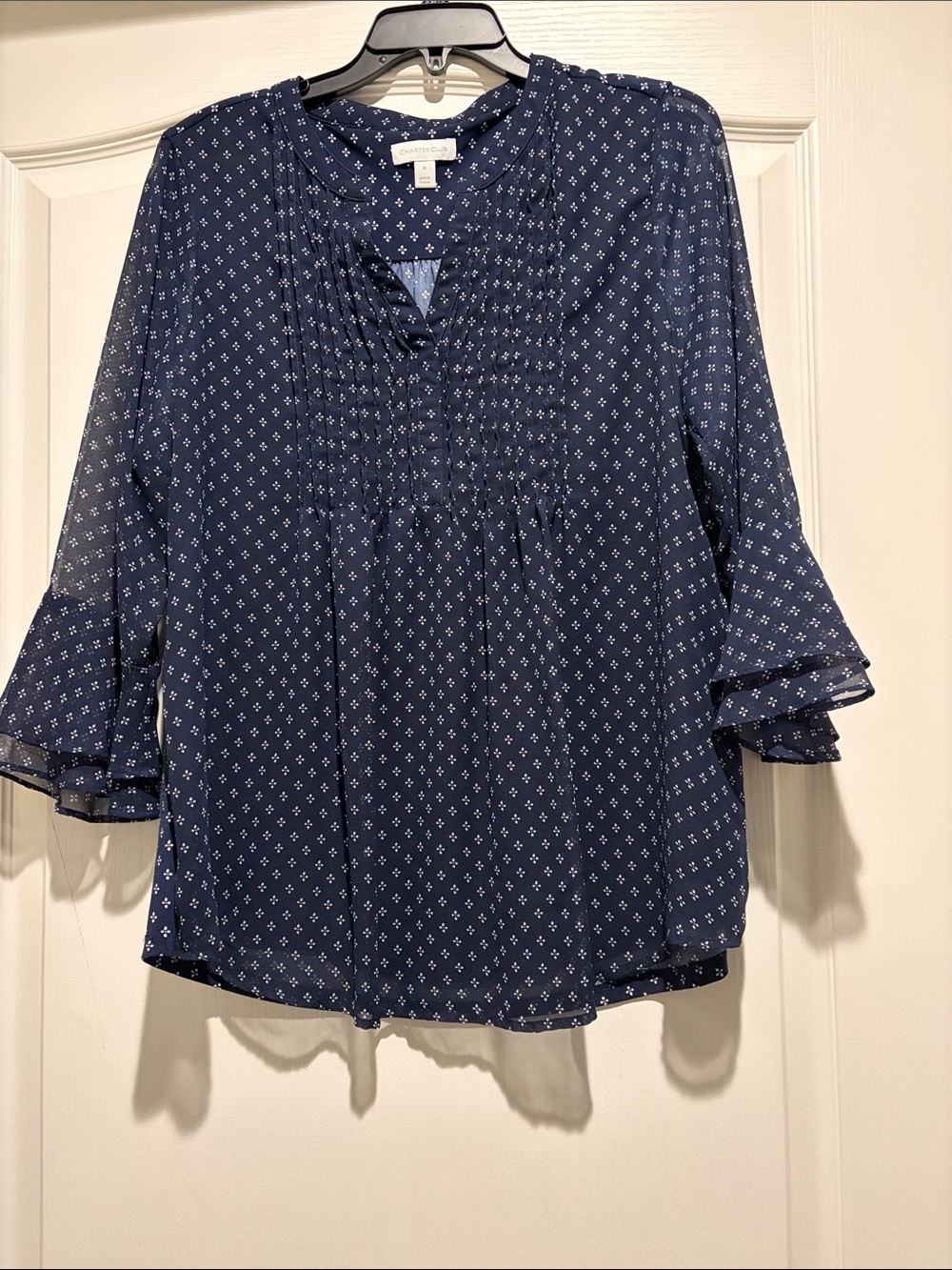 Charter Club Navy Geo Pintuck Flutter-Sleeve Blouse